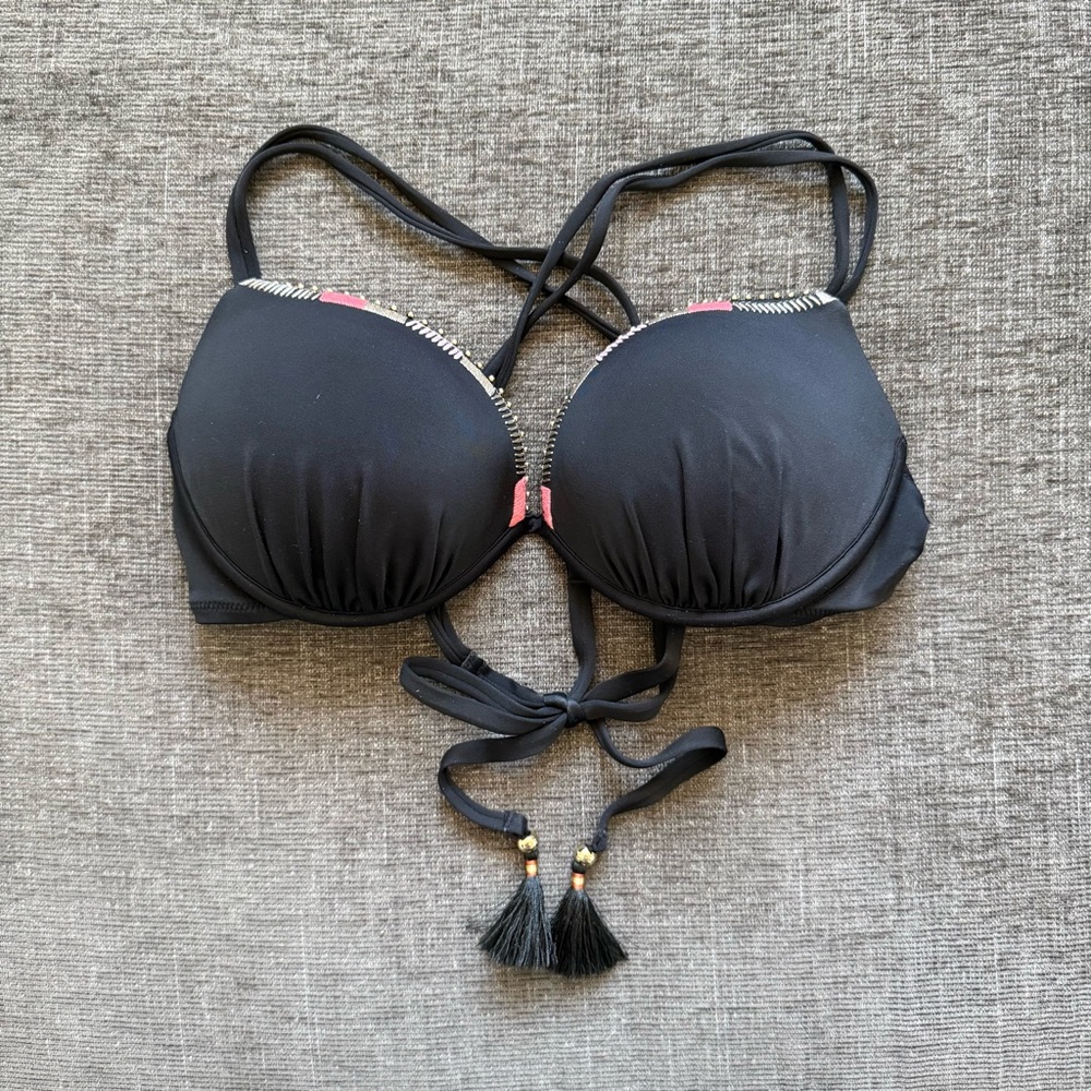Victoria's Secret Black Push Up Bra Bikini Top with Tassel Accents
